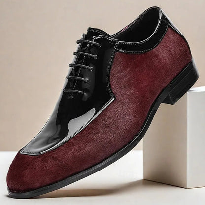 Men's Patent Leather and Pony Hair Oxford Shoes, Burgundy and Black Luxury Dress Shoes for Formal Events and Business Attire