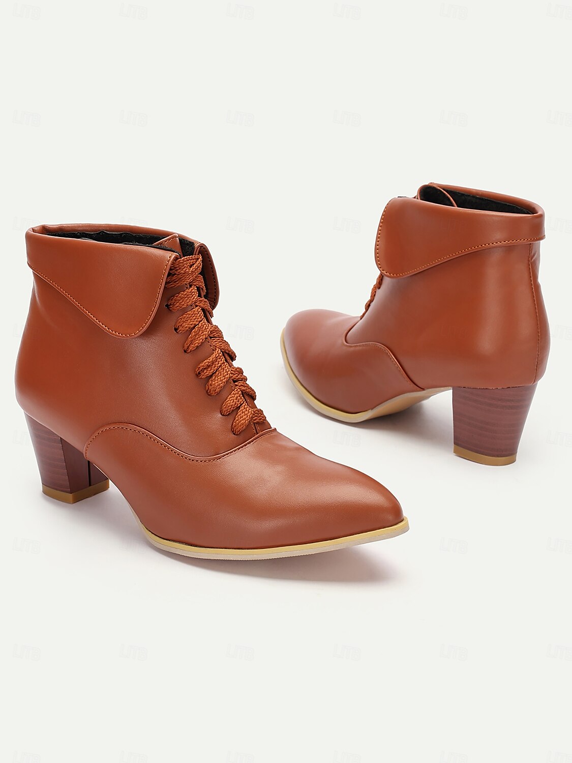 Women's Brown Lace-Up Ankle Boots with Low Block Heel