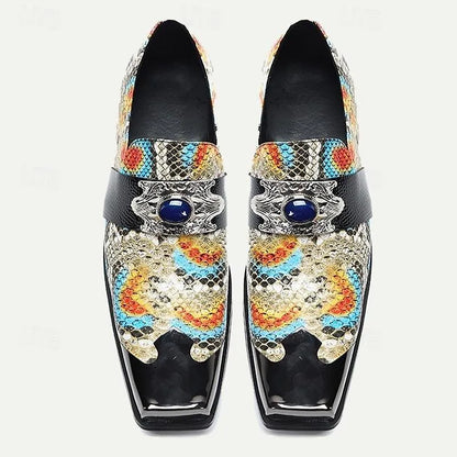 Men's Multicolor Metallic Snakeskin Loafers with Dragon Buckle and Jewel Detail - Tokiyos