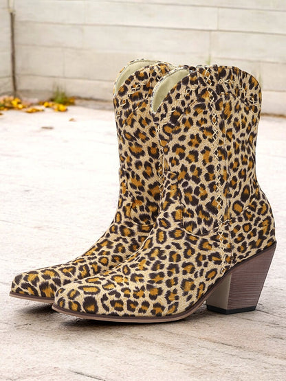 Women's Boots Cowboy Boots Retro Party Work Daily Leopard Booties Ankle Boots Zipper Chunky Heel Round Toe Vacation Vintage Cloth Zipper Leopard