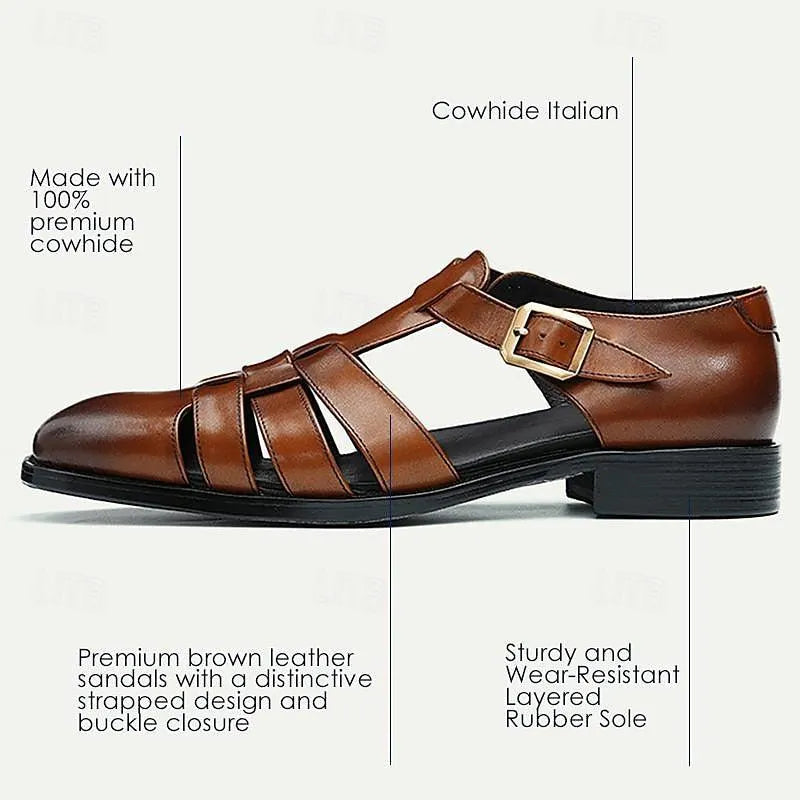 Men's Brown Leather Roman Sandals Buckle Strap Fisherman Style - Tokiyos