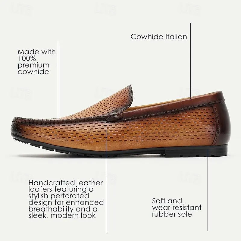 Men's Brown Perforated Leather Slip-On Loafers - Tokiyos