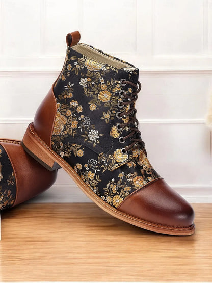 Women's Floral Print Lace-Up Ankle Boots – Retro Faux Leather and Jacquard Fabric Boots for Fall and Winter Casual Wear