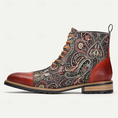 Men's Premium Cowhide and Jacquard Paisley Ankle Boots - Vintage Lace-Up Leather Boots with Rugged Sole for Casual and Formal Wear