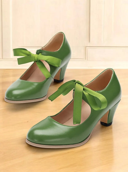 Women's Vintage Mary Jane Heels with Ribbon Bow - Retro-Inspired Block Heel Dress Shoes for Casual and Special Occasions