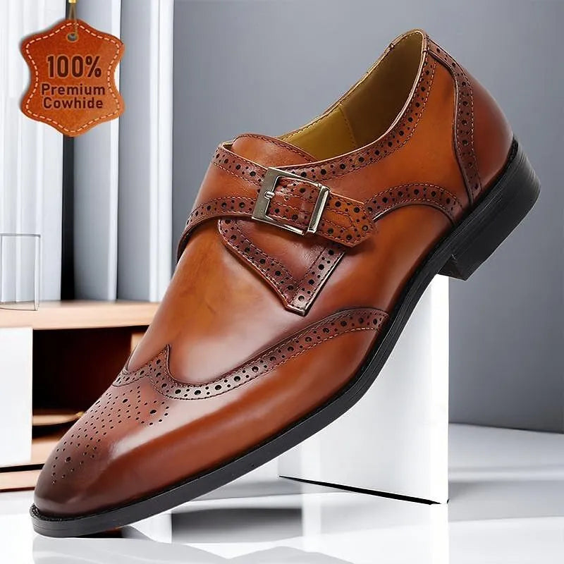 Men's Monk Strap Shoes Tan Leather Brogue Buckle - Tokiyos