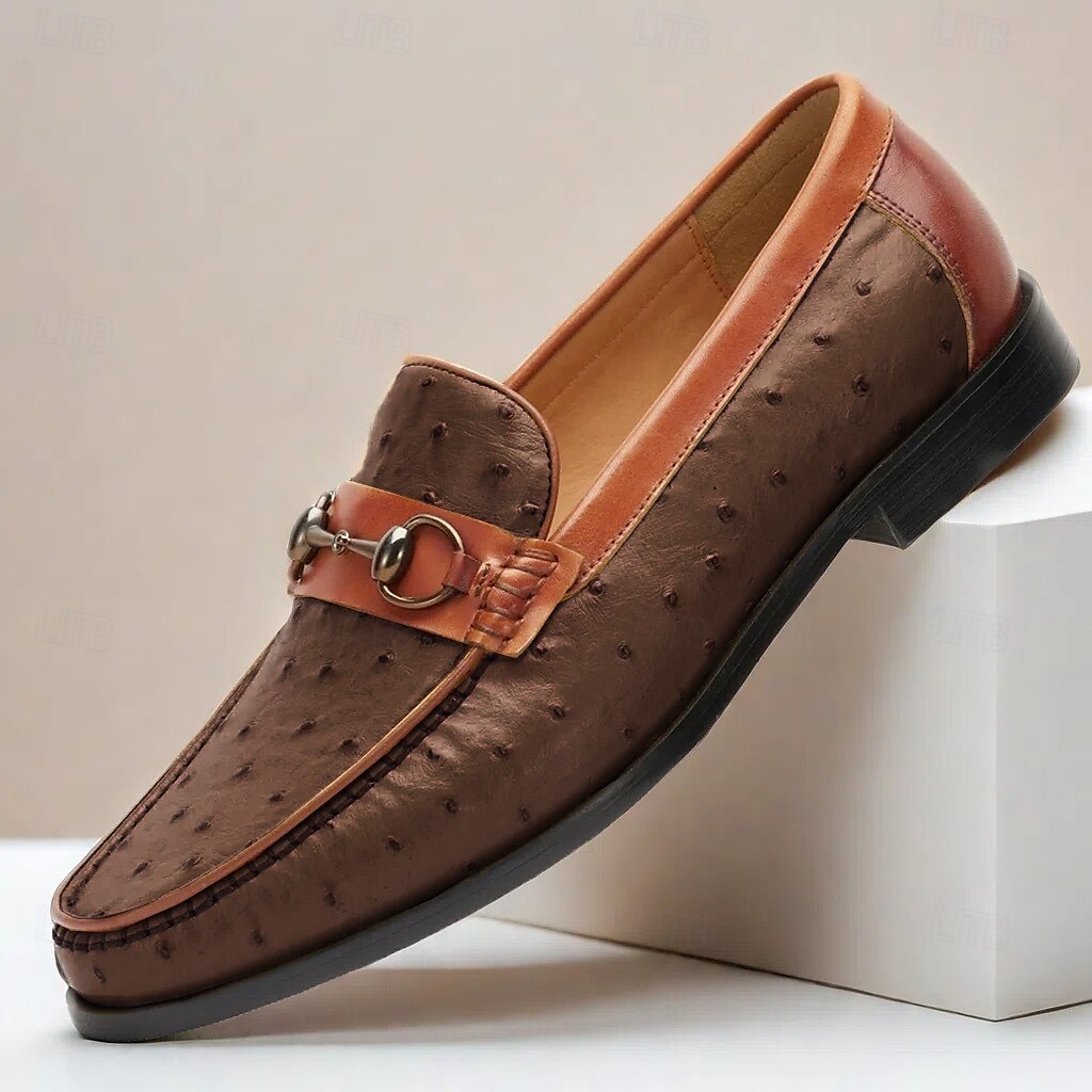 Men's Yellow and Brown Ostrich Leather Loafers with Metal Bit Detail