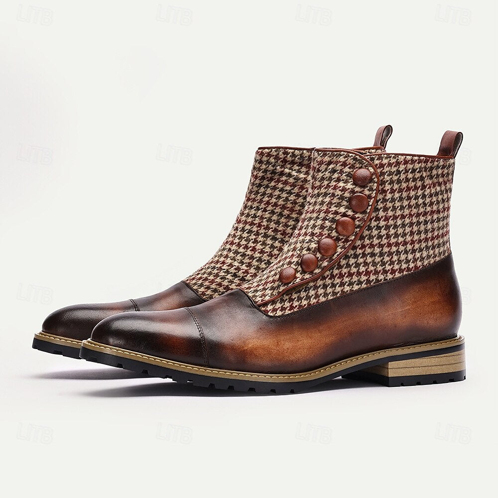 Men's Houndstooth Tweed and Leather Ankle Boots with Button-Up Detail