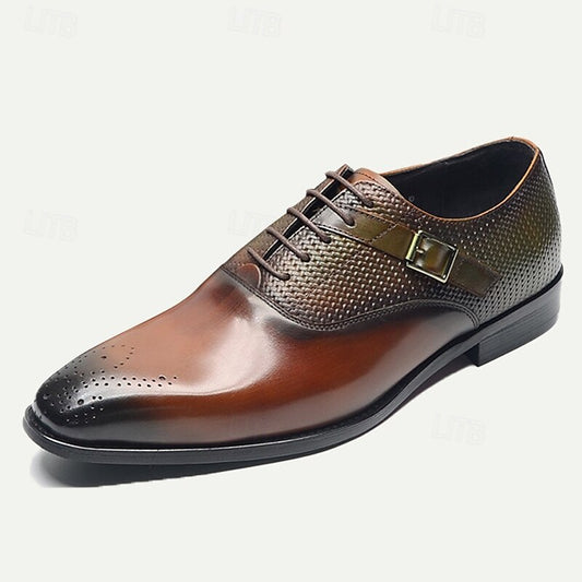 Men's Premium Cowhide Leather Oxford Shoes with Woven Texture and Buckle Detail