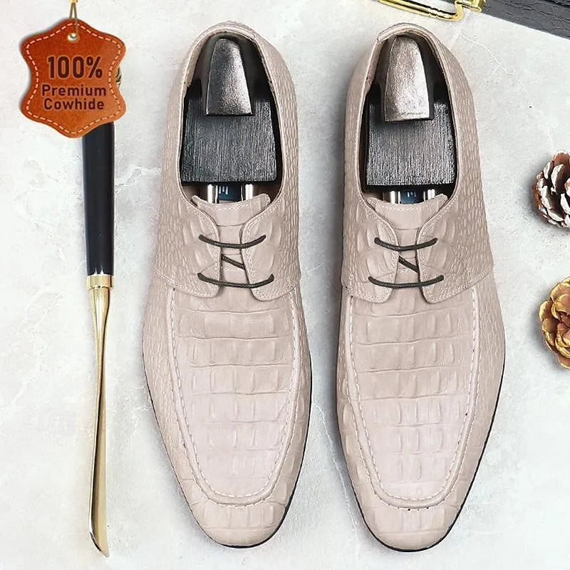 Men's Luxury Alligator Pattern Leather Lace-Up Dress Shoes in Ivory - Tokiyos