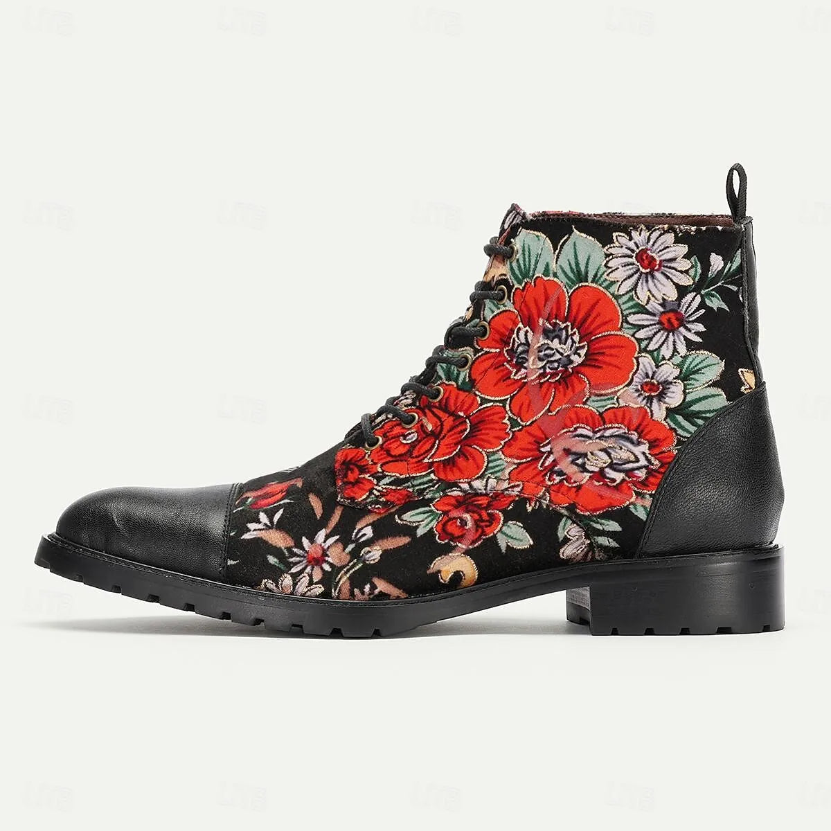 Men's Black Premium Cowhide Lace-Up Boots with Vibrant Red Floral Patterns and Rugged Sole