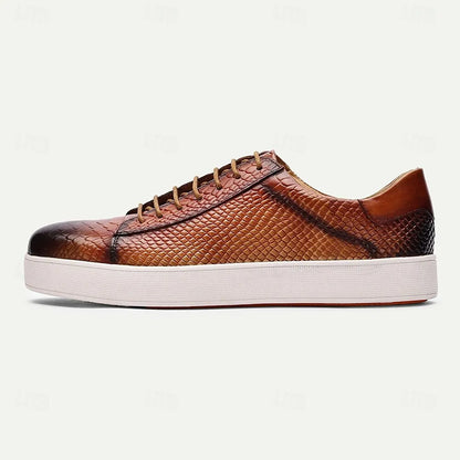 Men's Premium Cowhide Leather Sneakers - Brown Crocodile Pattern Lace-Up Casual Shoes for Daily Wear and Fashion Outfits