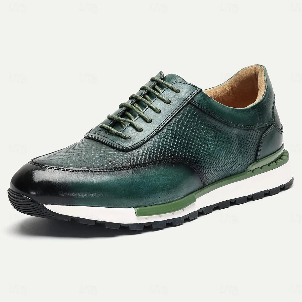 Men's Sneakers Textured Green Leather Two-Tone Rubber Sole - Tokiyos