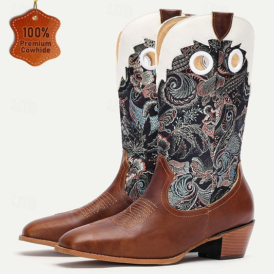 Men's Premium Cowhide Leather and Jacquard Fabric Western Cowboy Boots with Floral Embroidery-Vintage Style Boots for Ranch and Outdoor Wear