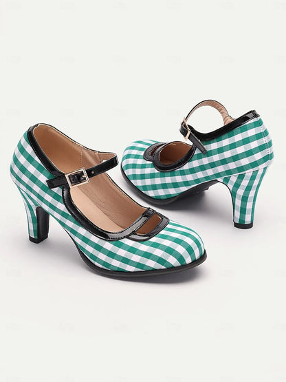 Women's Green Gingham Mary Jane High Heels with Buckle Strap, Retro Style for Vintage-Inspired Outfits and Costume Parties