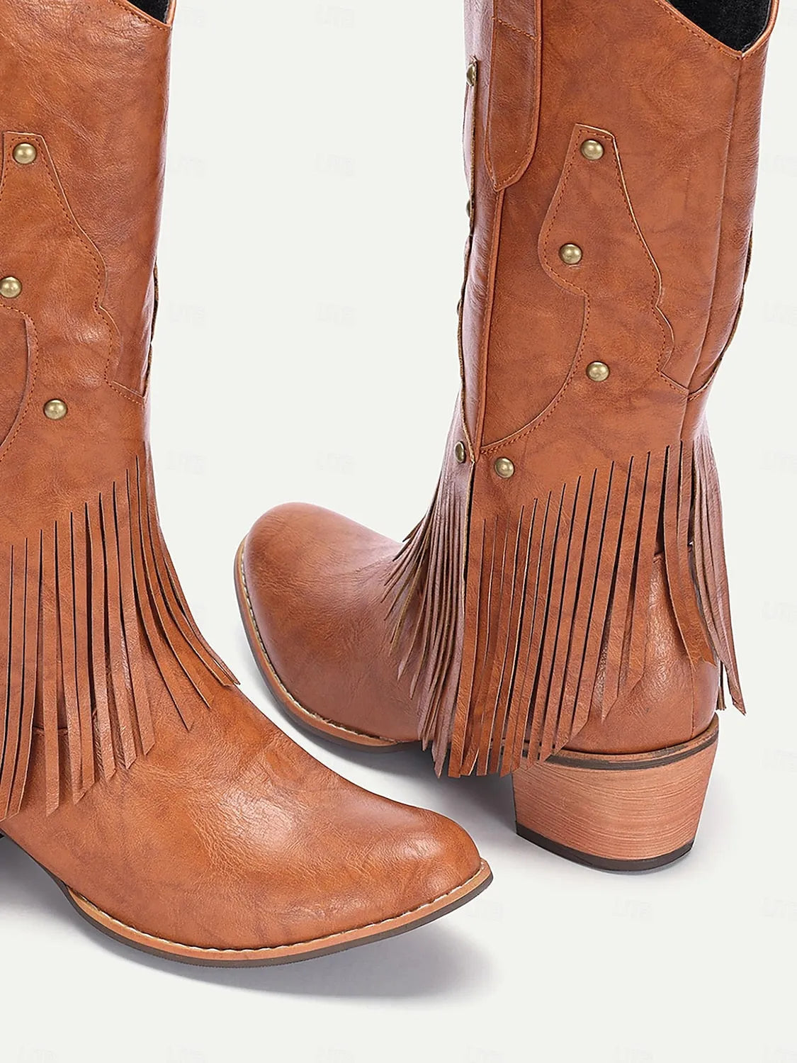 Women's Brown Faux Leather Western Cowboy Boots with Fringe Detail