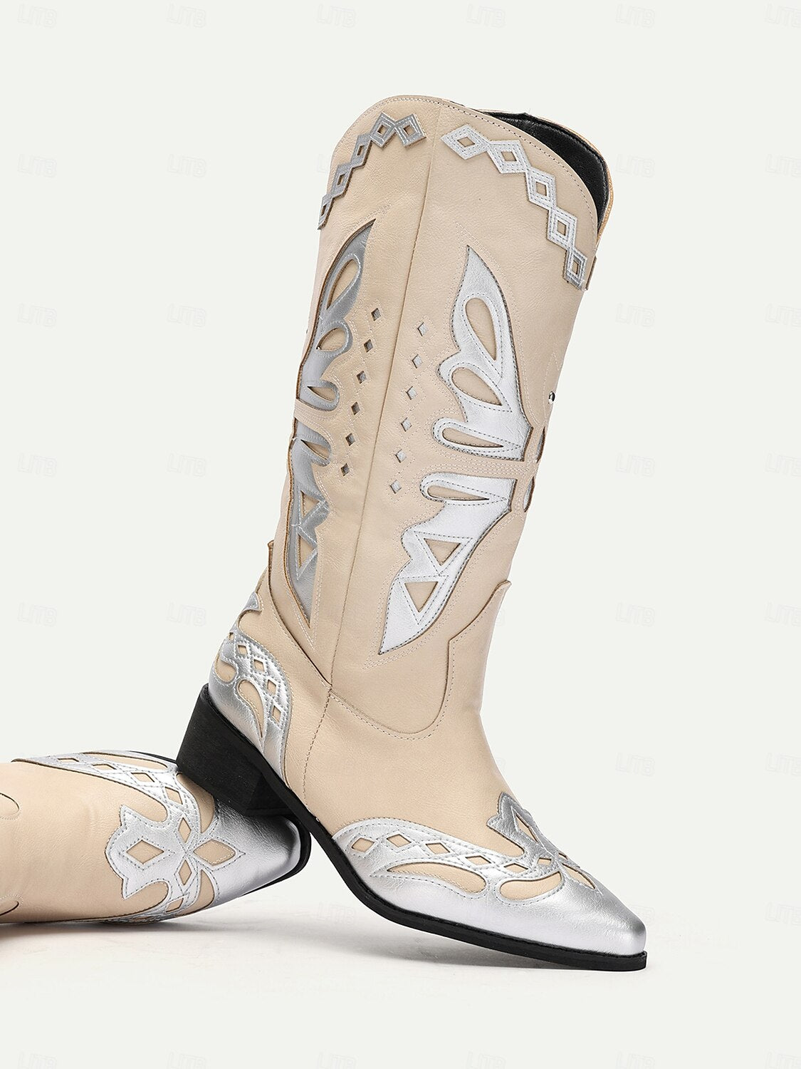 Women's Beige and Silver Western Cowboy Boots with Intricate Butterfly Design – Faux Leather Boots for Rodeo, Country, and Casual Wear