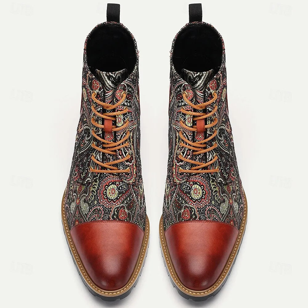 Men's Premium Cowhide and Jacquard Paisley Ankle Boots - Vintage Lace-Up Leather Boots with Rugged Sole for Casual and Formal Wear