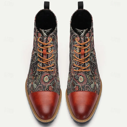 Men's Premium Cowhide and Jacquard Paisley Ankle Boots - Vintage Lace-Up Leather Boots with Rugged Sole for Casual and Formal Wear