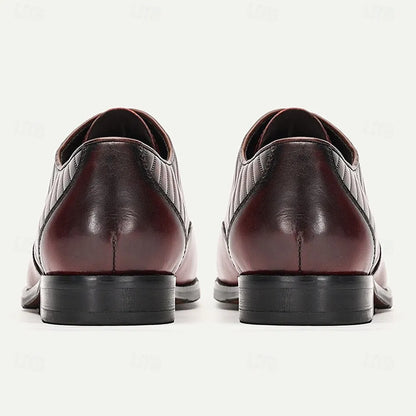 Men's Premium Cowhide Burgundy Oxford Shoes with Ribbed Design and Perforated Detailing