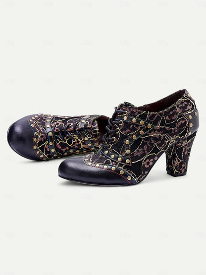 Women's Vintage Lace-Up Heeled Oxford Shoes-Floral Pattern with Studded Detailing for Retro and Steampunk Styles