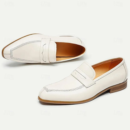 Men's White Leather Loafers with Perforated Detail - Tokiyos