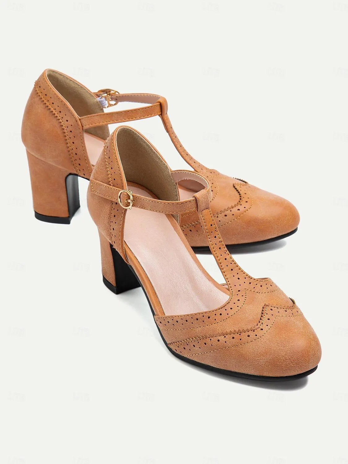 Women's Vintage Tan T-Strap Mary Jane Pumps with Brogue Detailing and Block Heel - Retro Dress Shoes for All Occasions