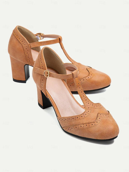 Women's Vintage Tan T-Strap Mary Jane Pumps with Brogue Detailing and Block Heel - Retro Dress Shoes for All Occasions