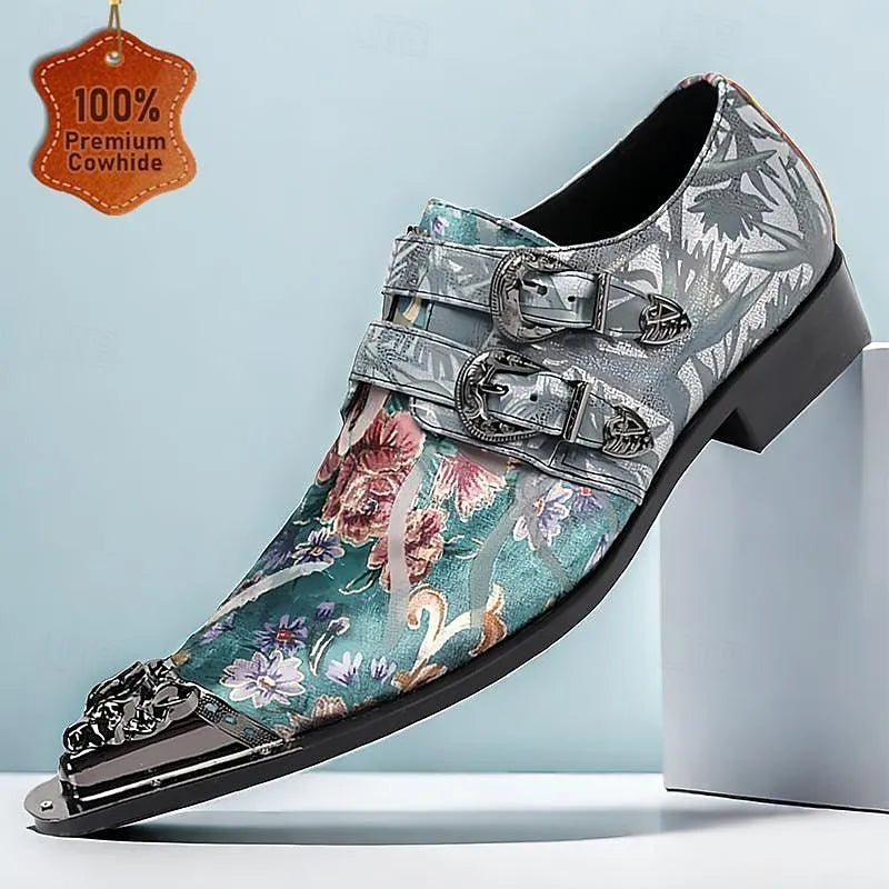 Men's Metallic Floral Dress Shoes with Double Buckles - Stylish Formal Footwear - Tokiyos