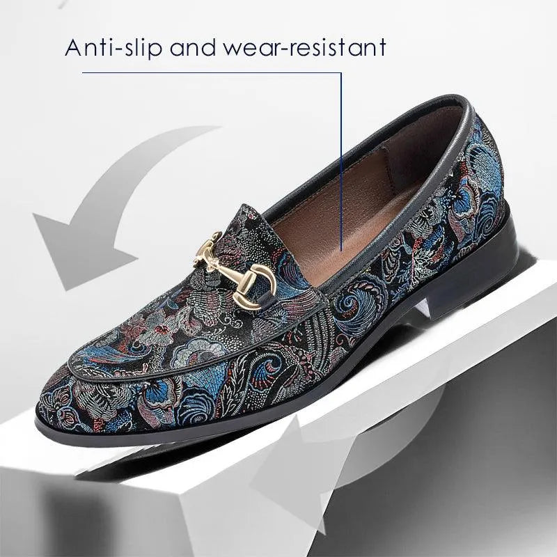 Men's Floral Embroidered Black Leather Loafers with Chain - Tokiyos