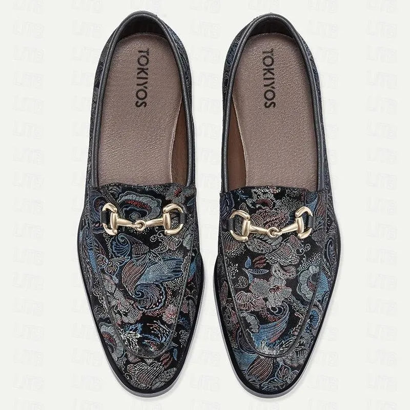 Men's Floral Embroidered Black Leather Loafers with Chain - Tokiyos