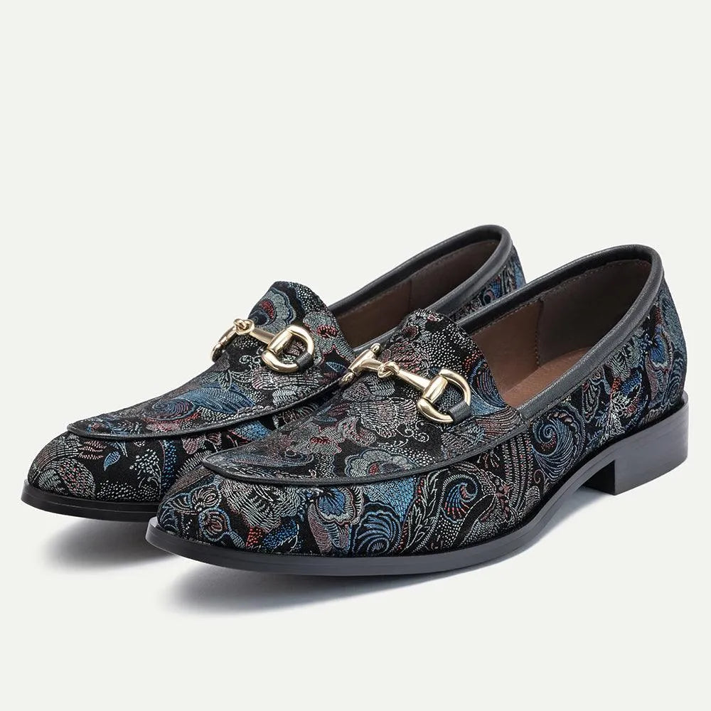 Men's Floral Embroidered Black Leather Loafers with Chain - Tokiyos