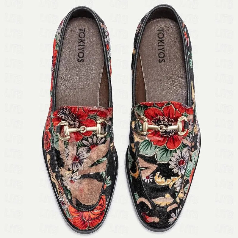 Men's Floral Embroidered Black Leather Loafers with Chain - Tokiyos