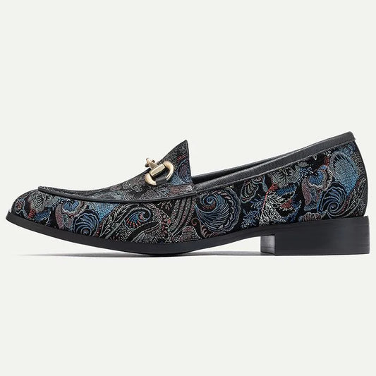 Men's Floral Embroidered Black Leather Loafers with Chain - Tokiyos