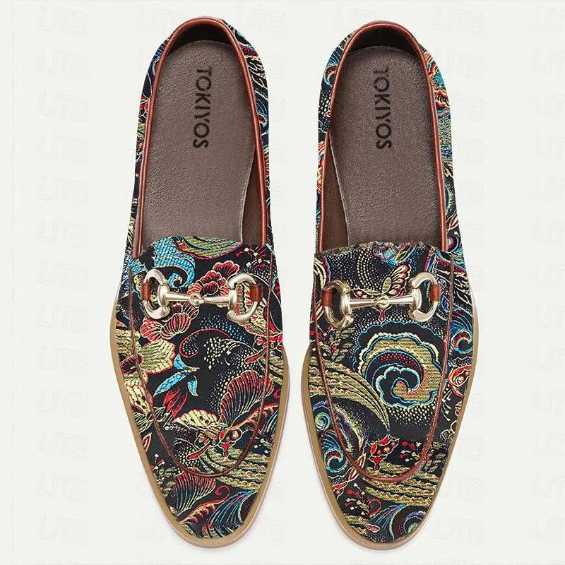 Men's Floral Embroidered Leather Loafers with Chain - Tokiyos