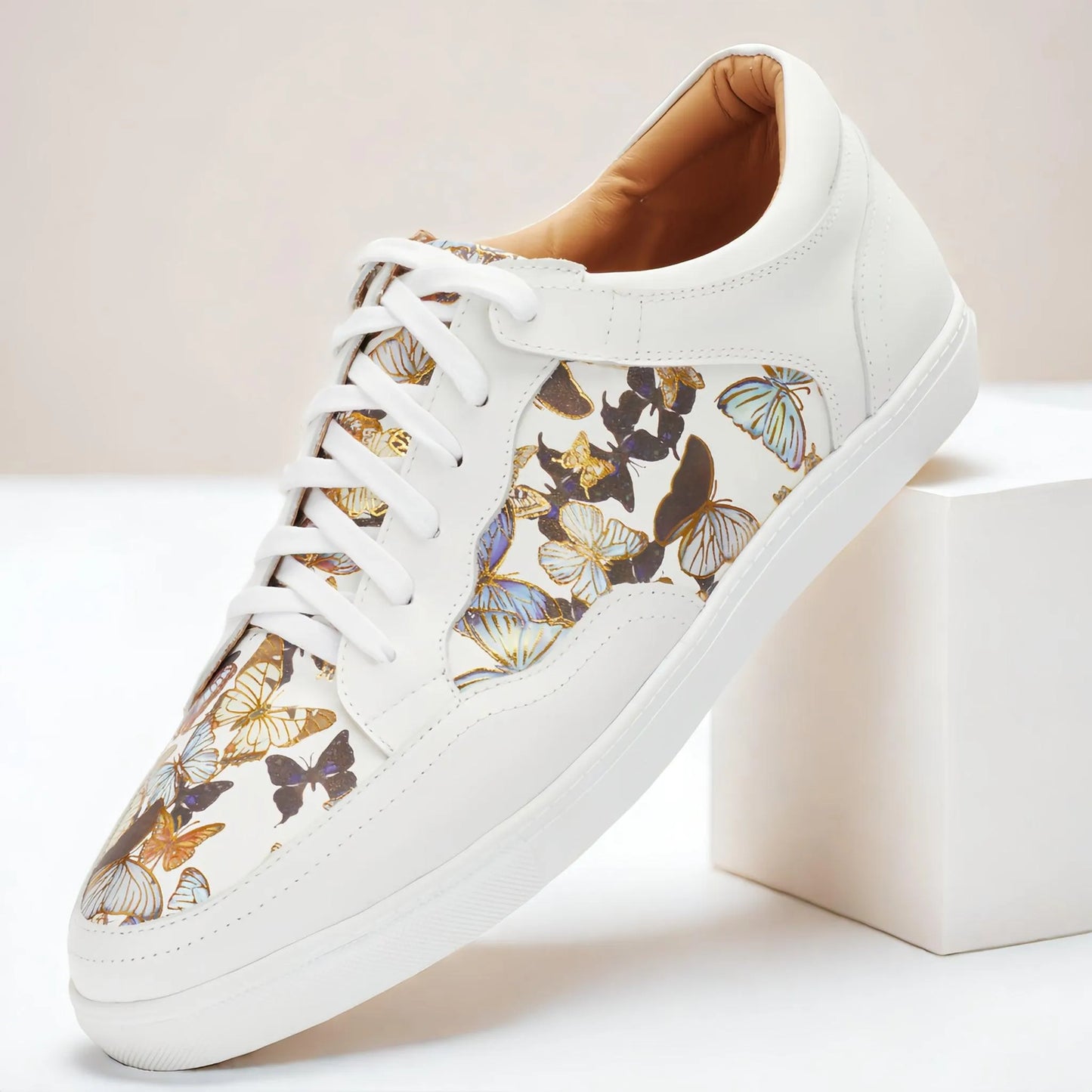 Men's White Leather Sneakers with Butterfly Print - Trendy Casual Shoes - Tokiyos