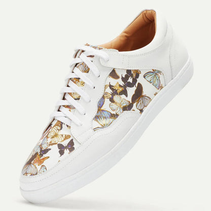 Men's White Leather Sneakers with Butterfly Print - Trendy Casual Shoes - Tokiyos