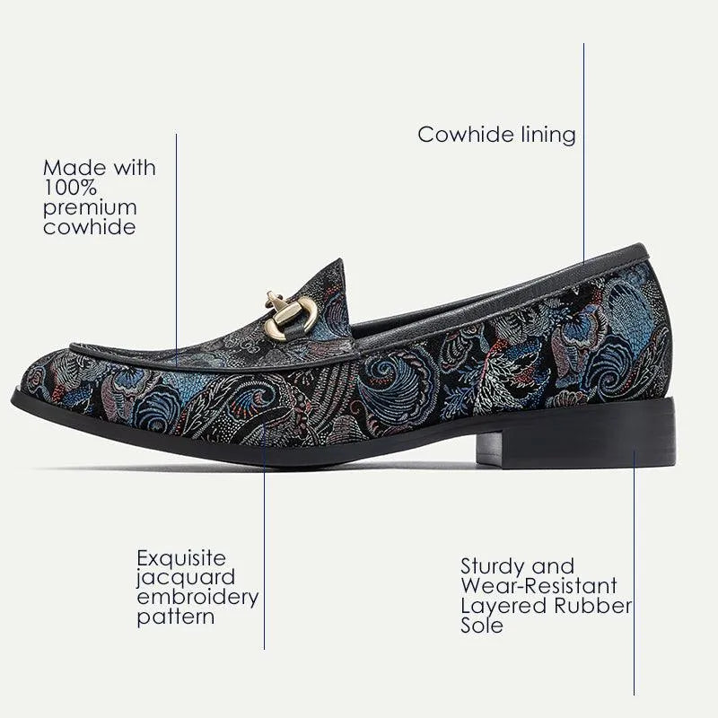 Men's Floral Embroidered Black Leather Loafers with Chain - Tokiyos