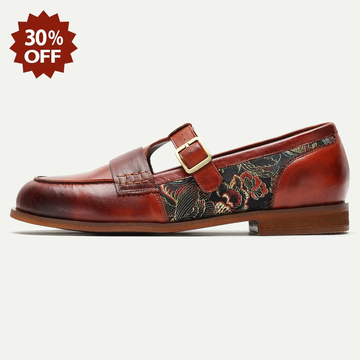 Men's Monk Strap Leather Loafers Sandals Floral Embroidery - Tokiyos