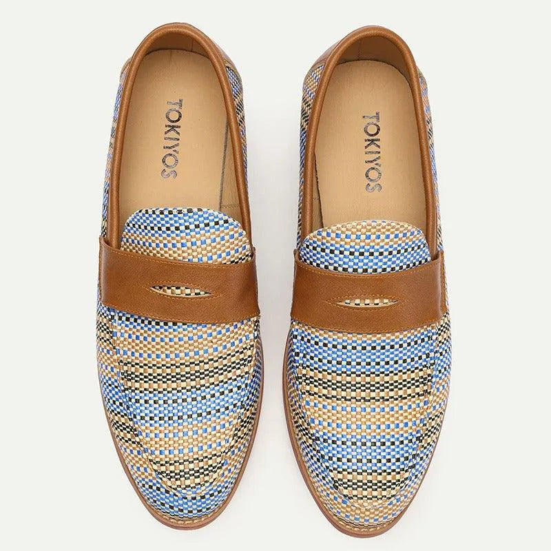 Men's Woven Leather Penny Loafers in Blue Houndstooth - Tokiyos