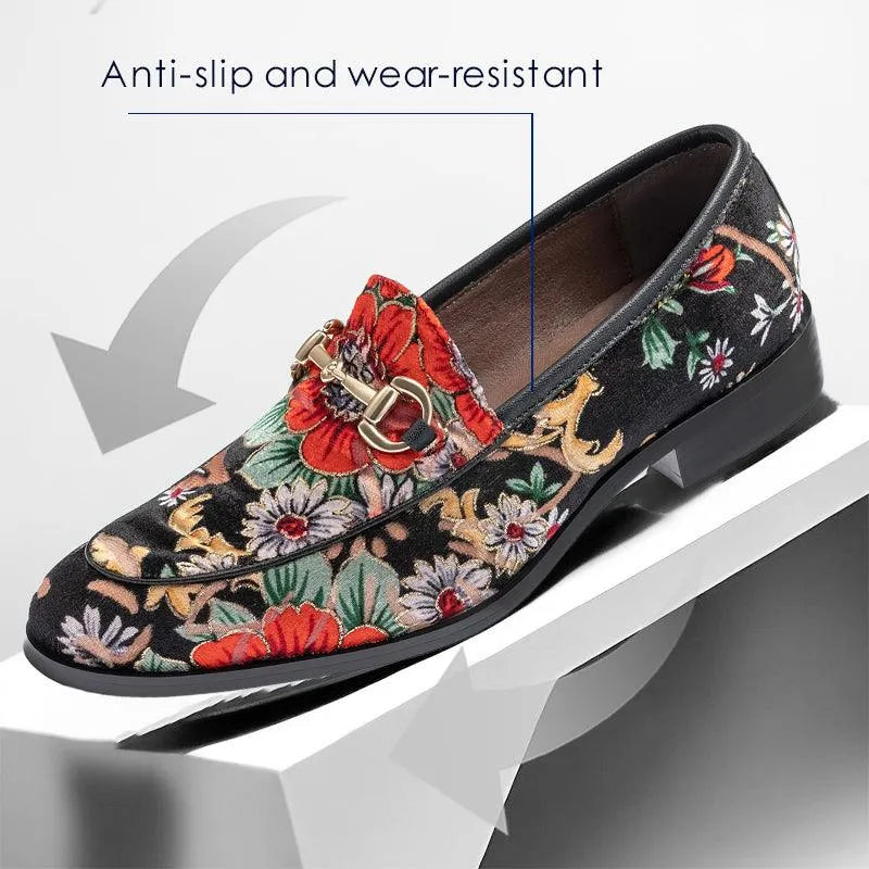 Men's Floral Embroidered Black Leather Loafers with Chain - Tokiyos