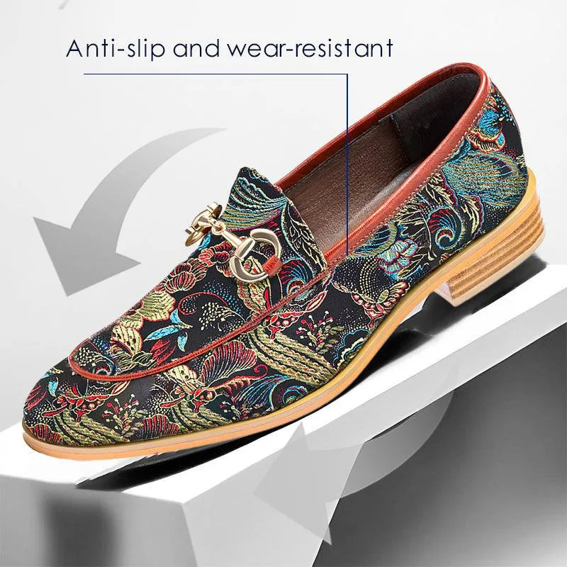 Men's Floral Embroidered Leather Loafers with Chain - Tokiyos