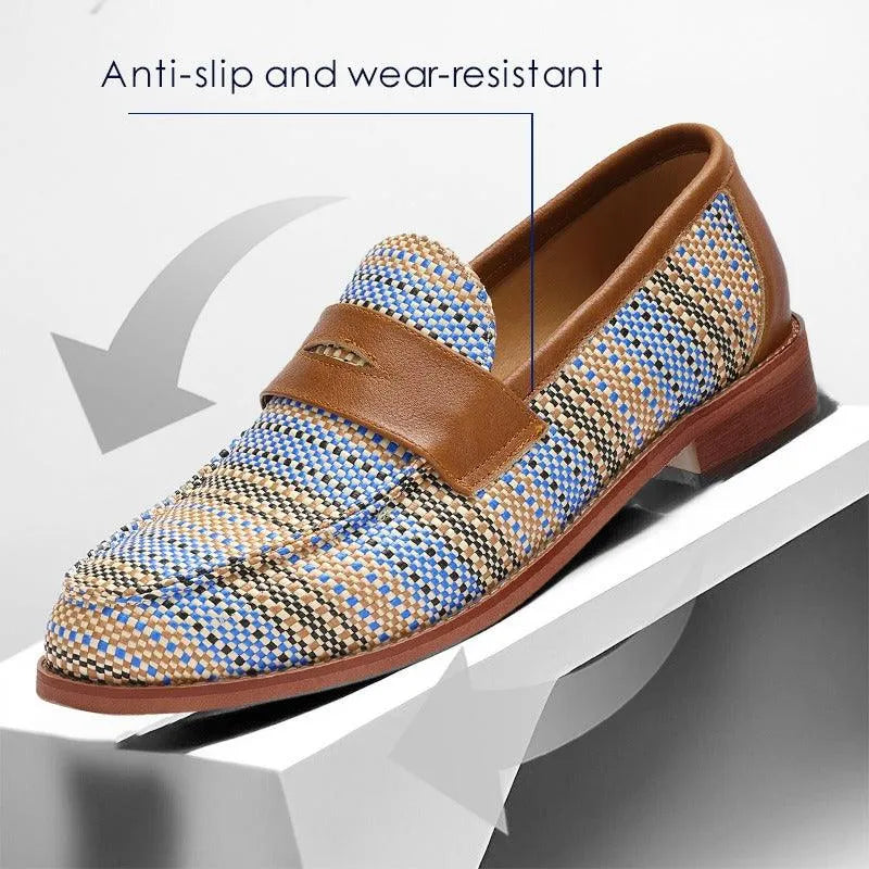 Men's Woven Leather Penny Loafers in Blue Houndstooth - Tokiyos