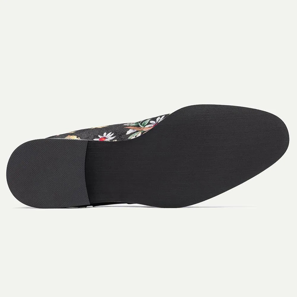 Men's Floral Embroidered Black Leather Loafers with Chain - Tokiyos