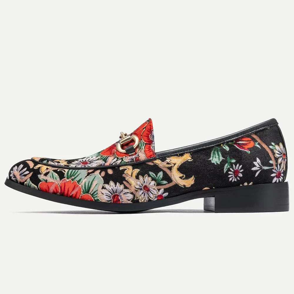 Men's Floral Embroidered Black Leather Loafers with Chain - Tokiyos