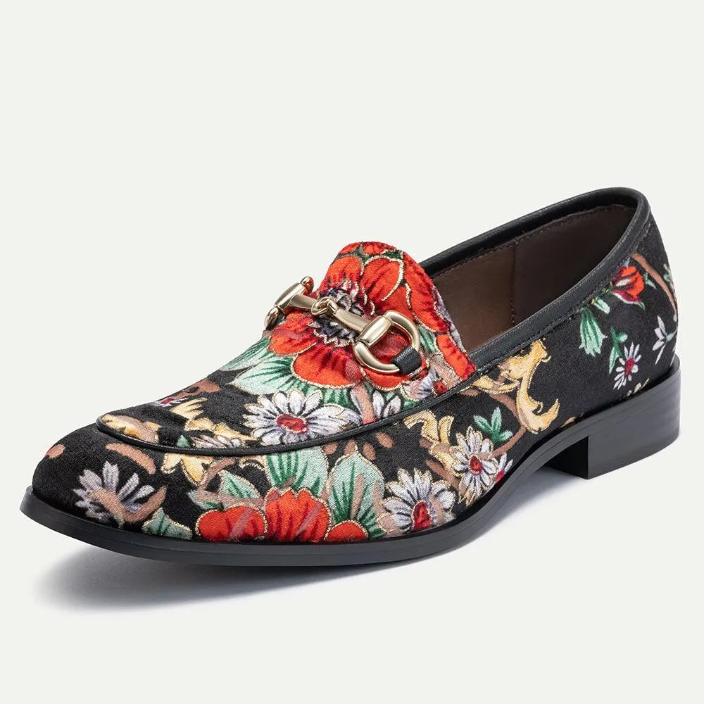 Men's Floral Embroidered Black Leather Loafers with Chain - Tokiyos