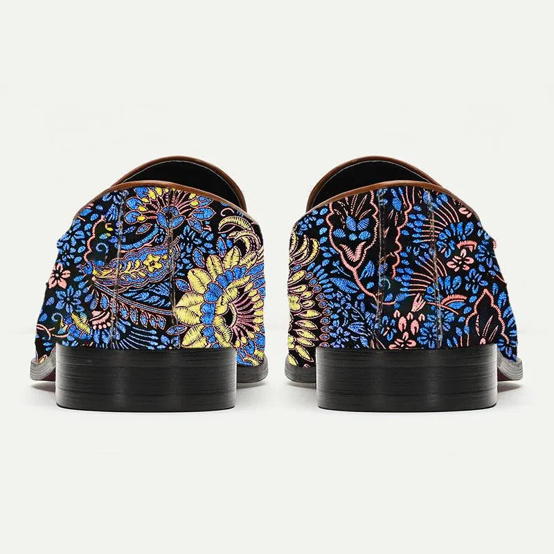 Men's Floral Pattern Printing Leather Loafers Blue - Tokiyos