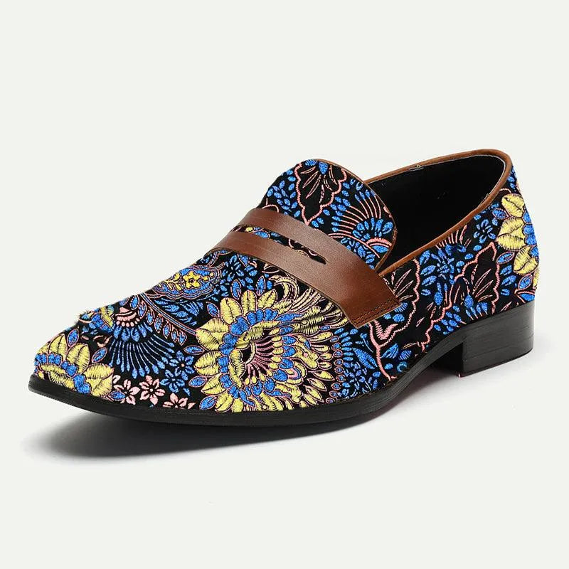 Men's Floral Pattern Printing Leather Loafers Blue - Tokiyos