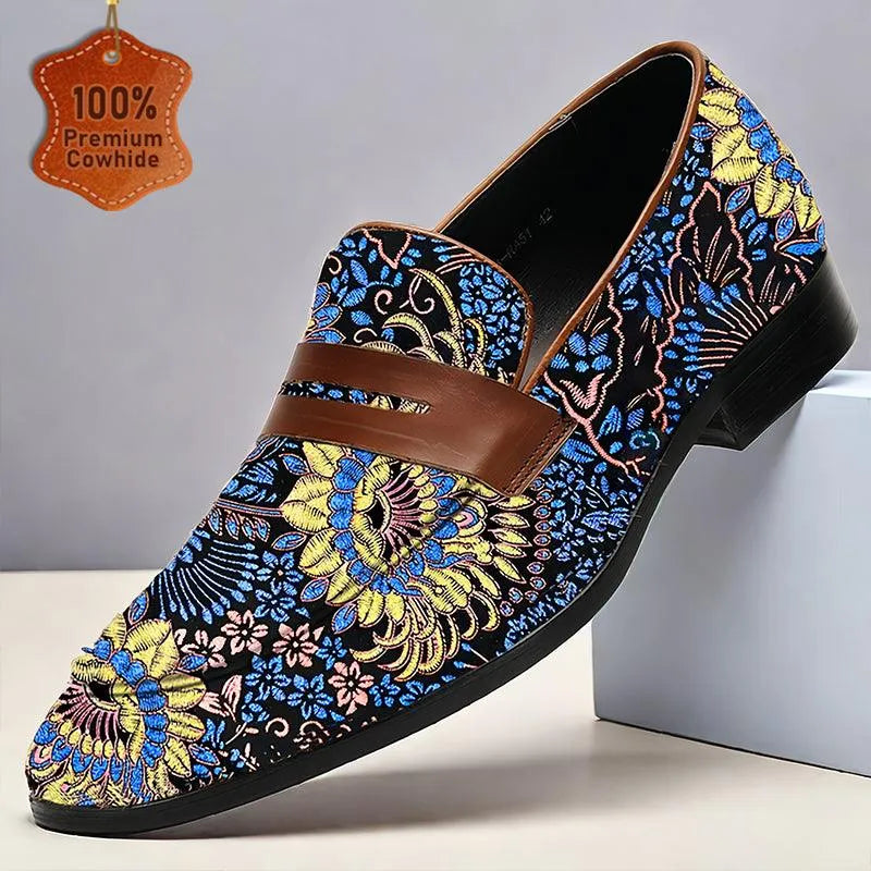 Men's Floral Pattern Printing Leather Loafers Blue - Tokiyos