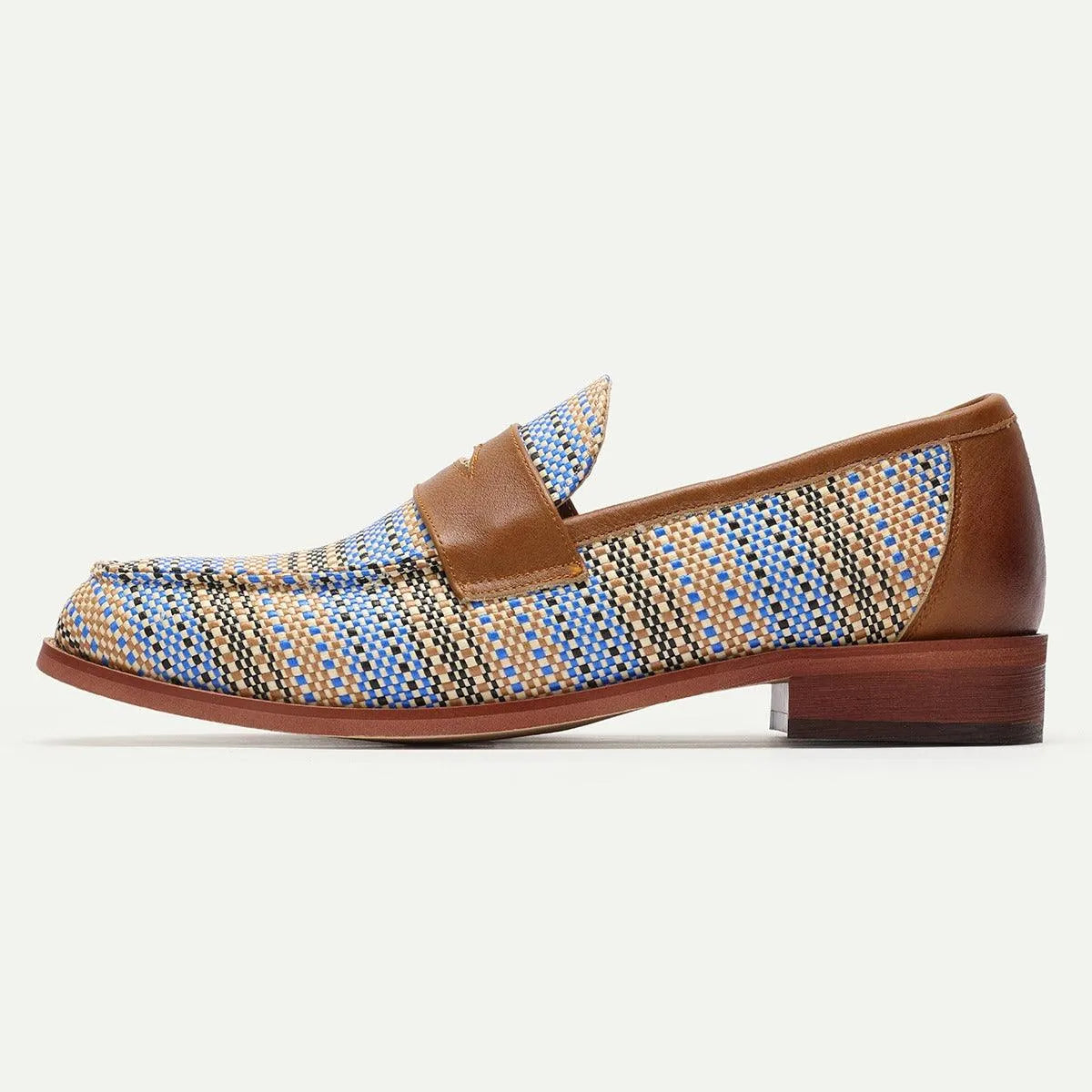 Men's Woven Leather Penny Loafers in Blue Houndstooth - Tokiyos